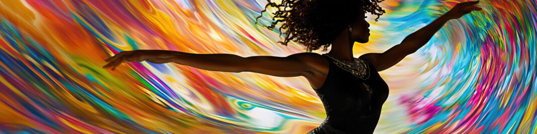 An African American woman gracefully dancing amidst a whirl of abstract shapes and patterns, representing unity and balance.