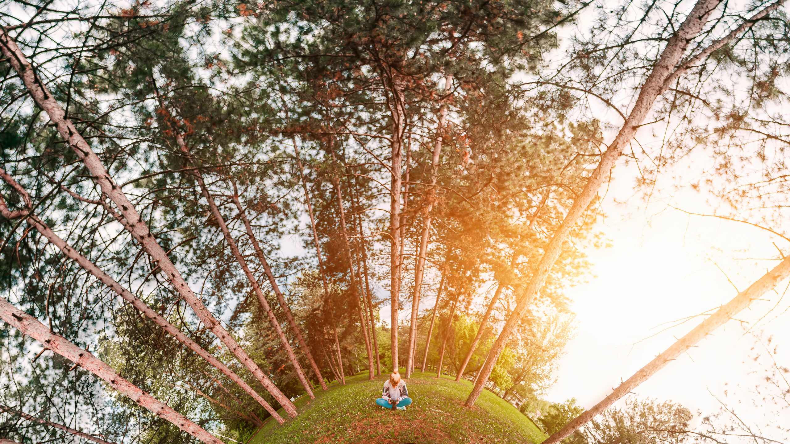 Young woman sitting on grass field interesting panorama